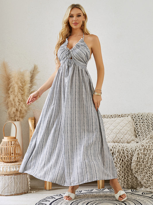 Bohemian Halter Dress - Striped Sleeveless Beach Dress