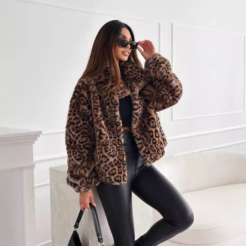 Fur Leopard Print Lapel Short Coat