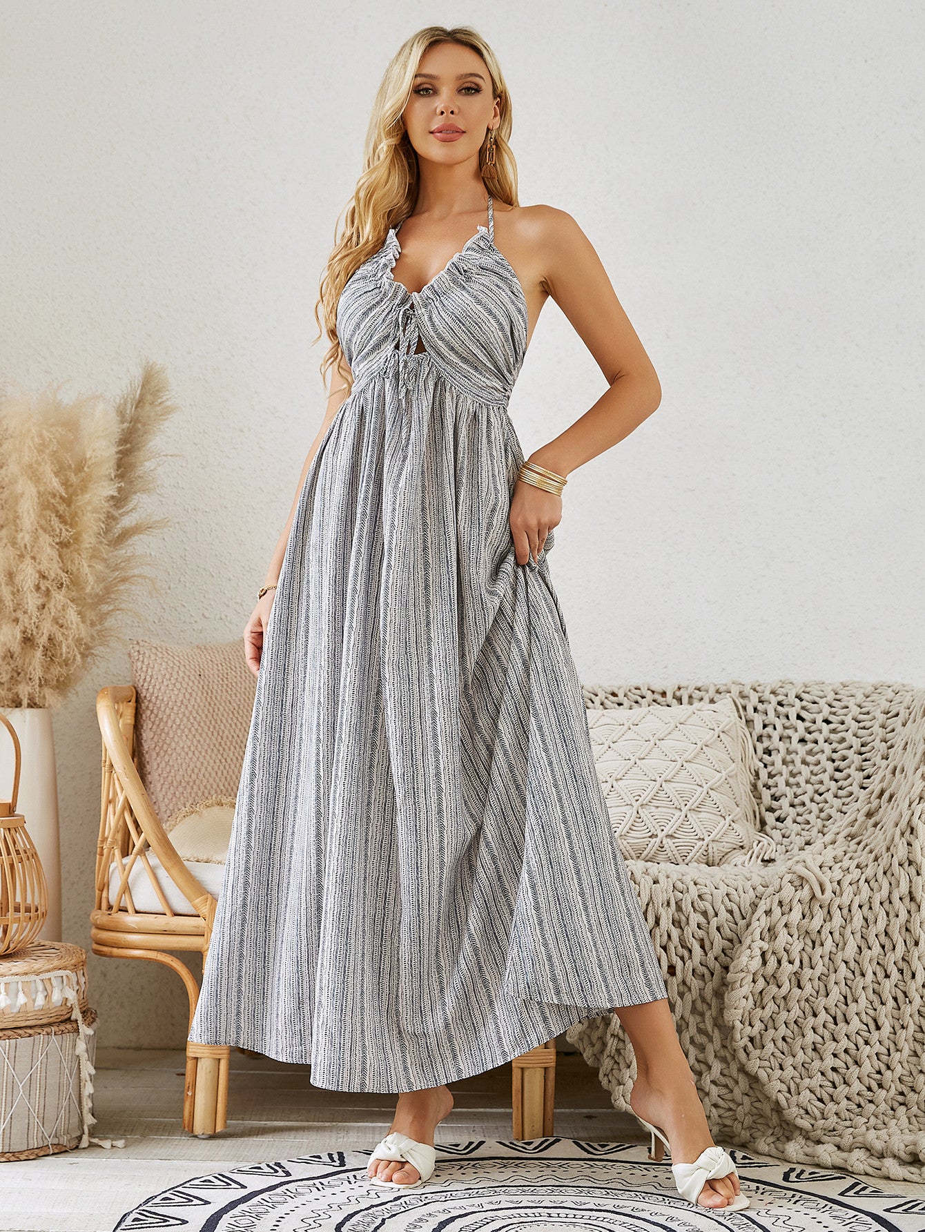 Bohemian Halter Dress - Striped Sleeveless Beach Dress