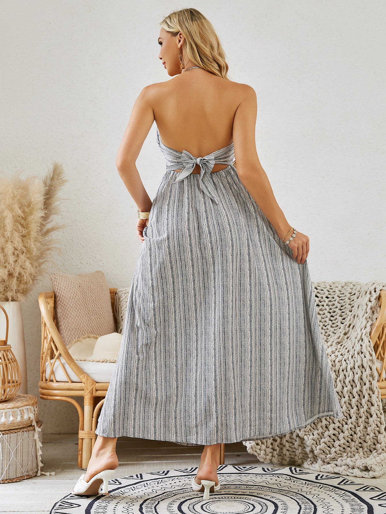 Bohemian Halter Dress - Striped Sleeveless Beach Dress