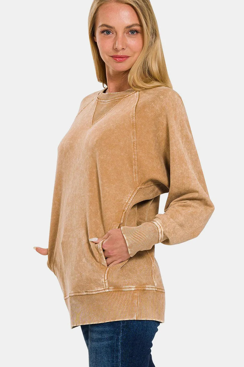 Zenana Pocketed Round Neck Sweater