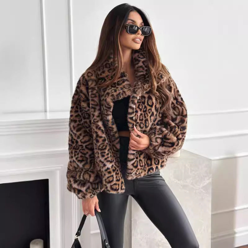 Fur Leopard Print Lapel Short Coat