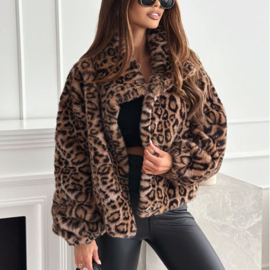 Fur Leopard Print Lapel Short Coat