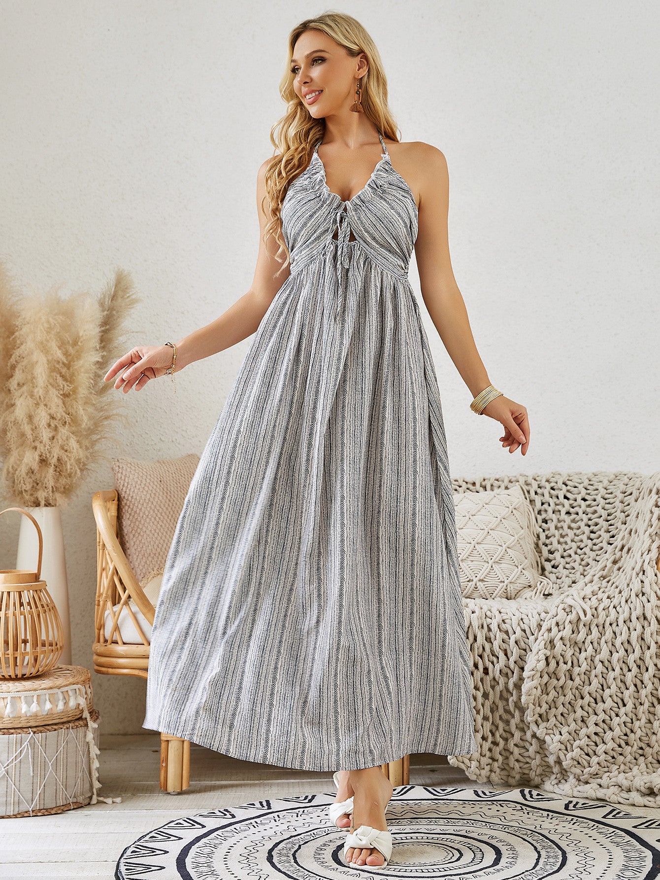 Bohemian Halter Dress - Striped Sleeveless Beach Dress