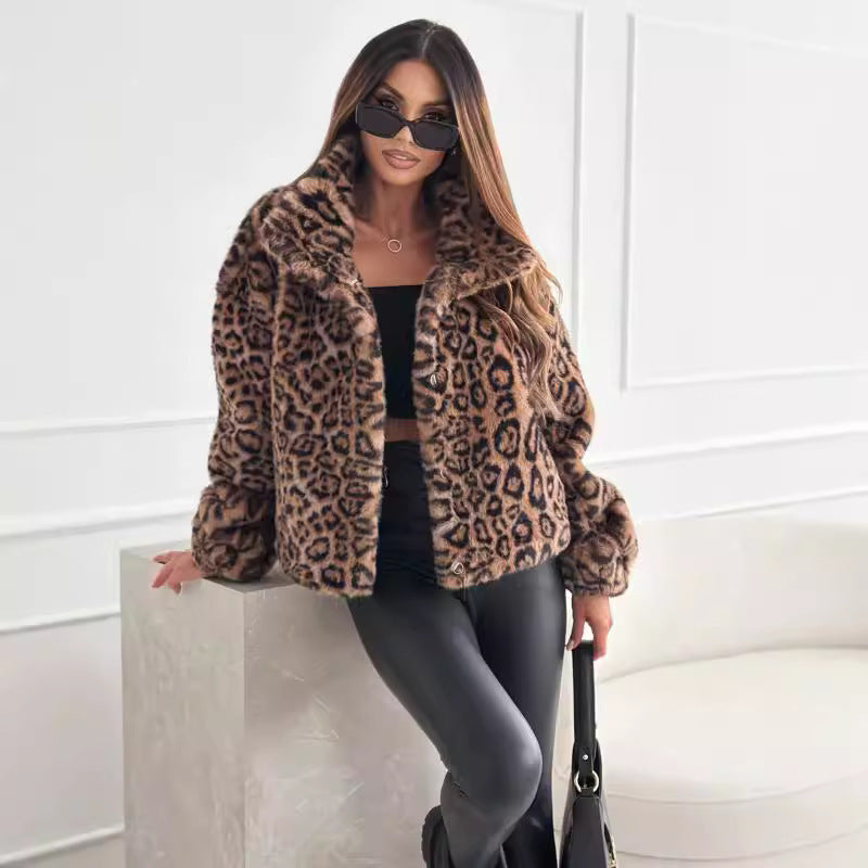 Fur Leopard Print Lapel Short Coat