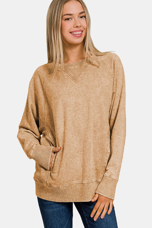 Zenana Pocketed Round Neck Sweater