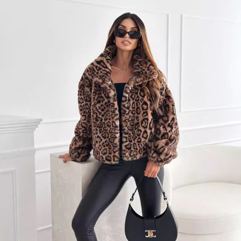 Fur Leopard Print Lapel Short Coat